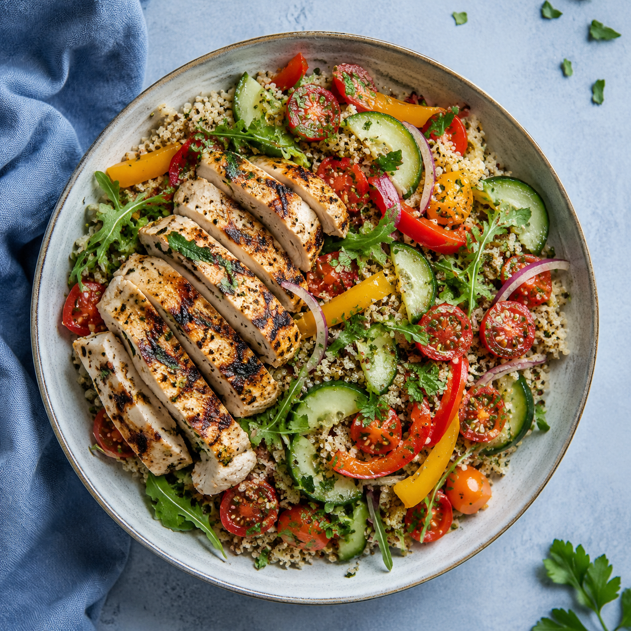 Salade de poulet grillé, quinoa et légumes croquants