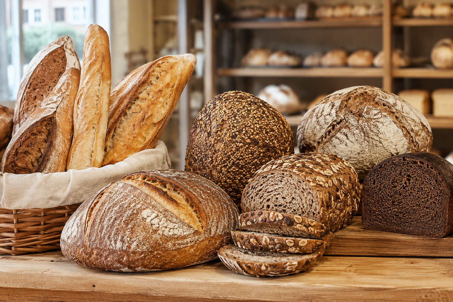 Assortiment de pains blancs, complets, au seigle, aux graines et au levain dans une boulangerie