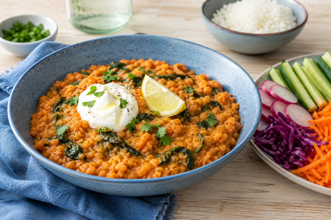 Dahl de lentilles corail, épinards et yaourt citronné