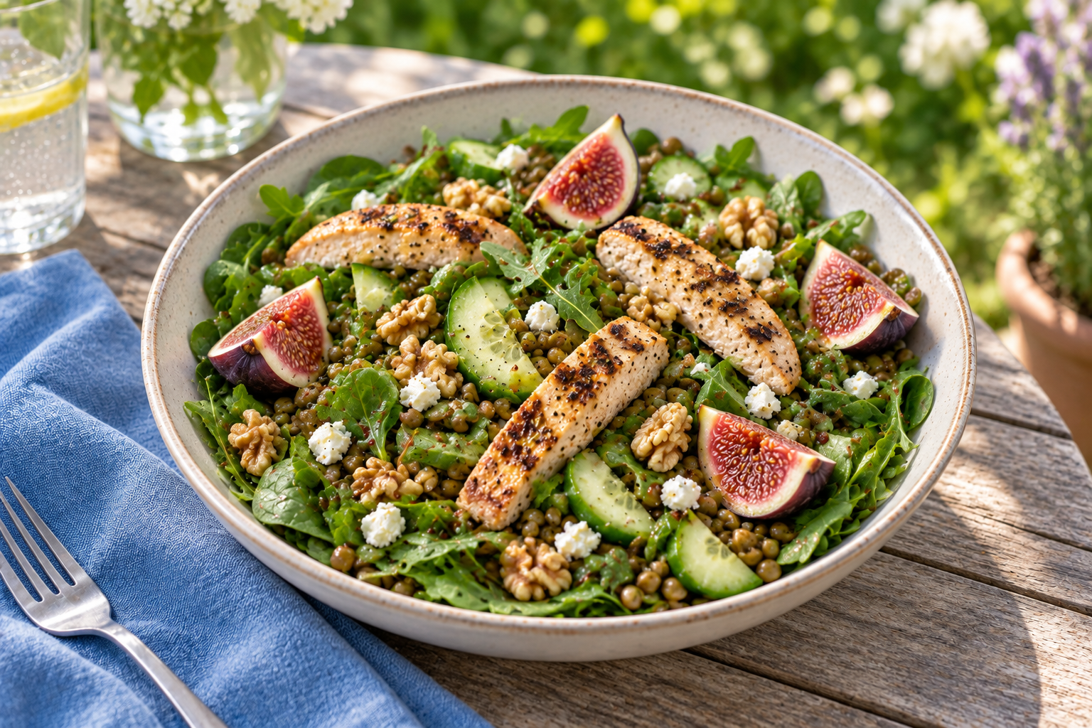Salade tiède de lentilles, poulet grillé et figues fraîches