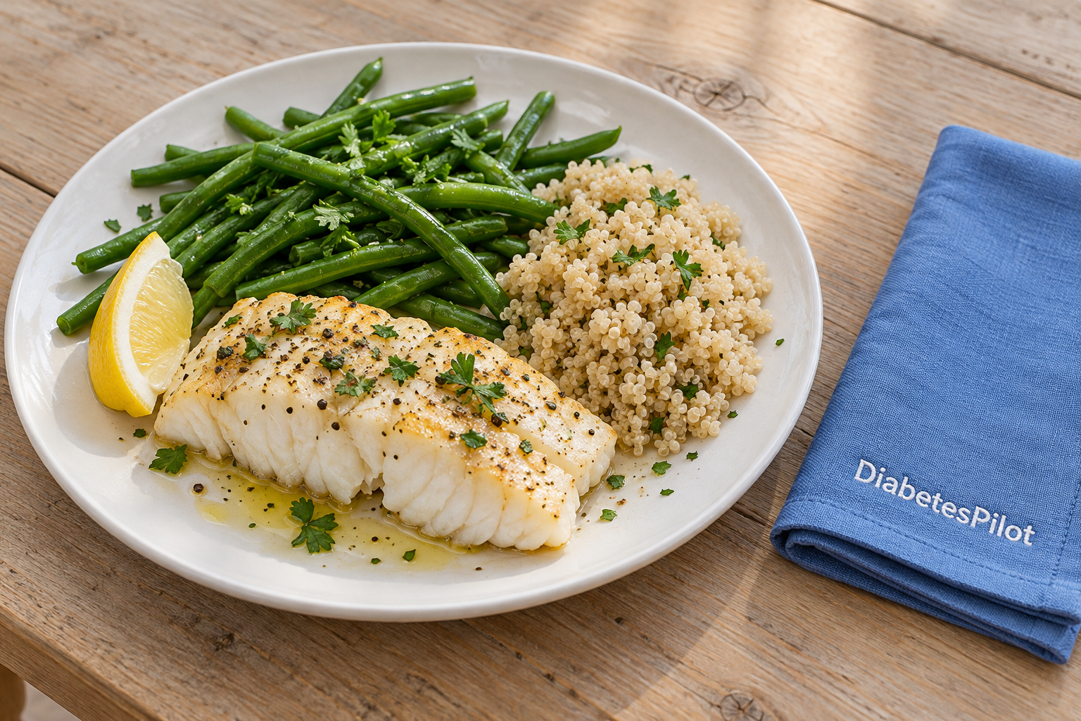 Cabillaud citronné, haricots verts et quinoa