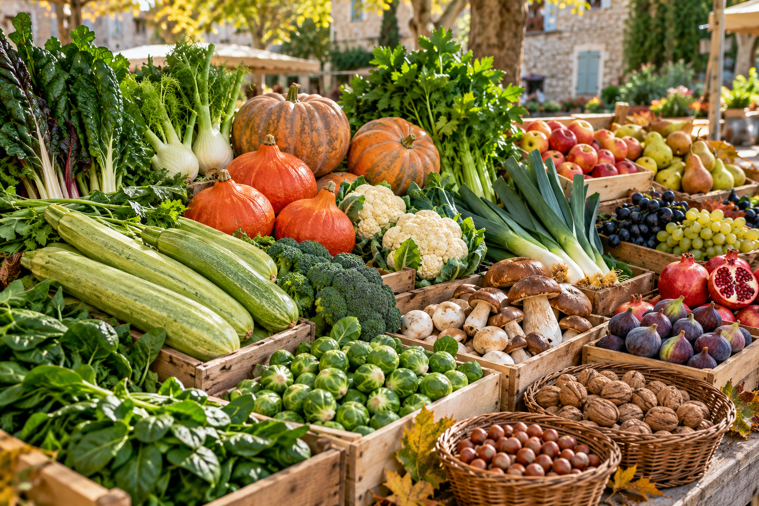Étal de marché provençal présentant des légumes, fruits et noix de saison en automne