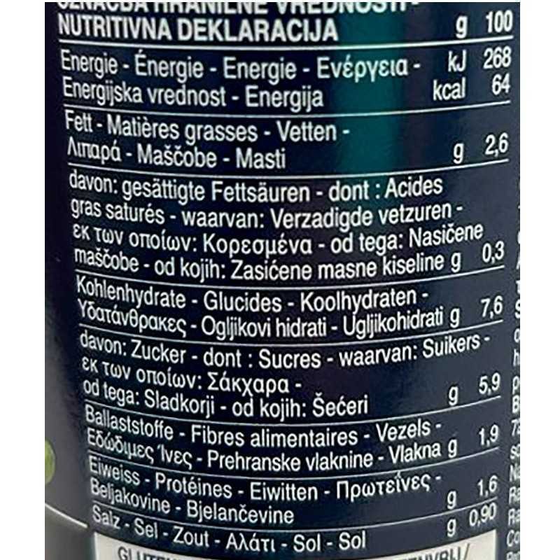 Gros plan d’un tableau nutritionnel européen indiquant énergie, matières grasses, glucides, sucres, fibres, protéines et sel