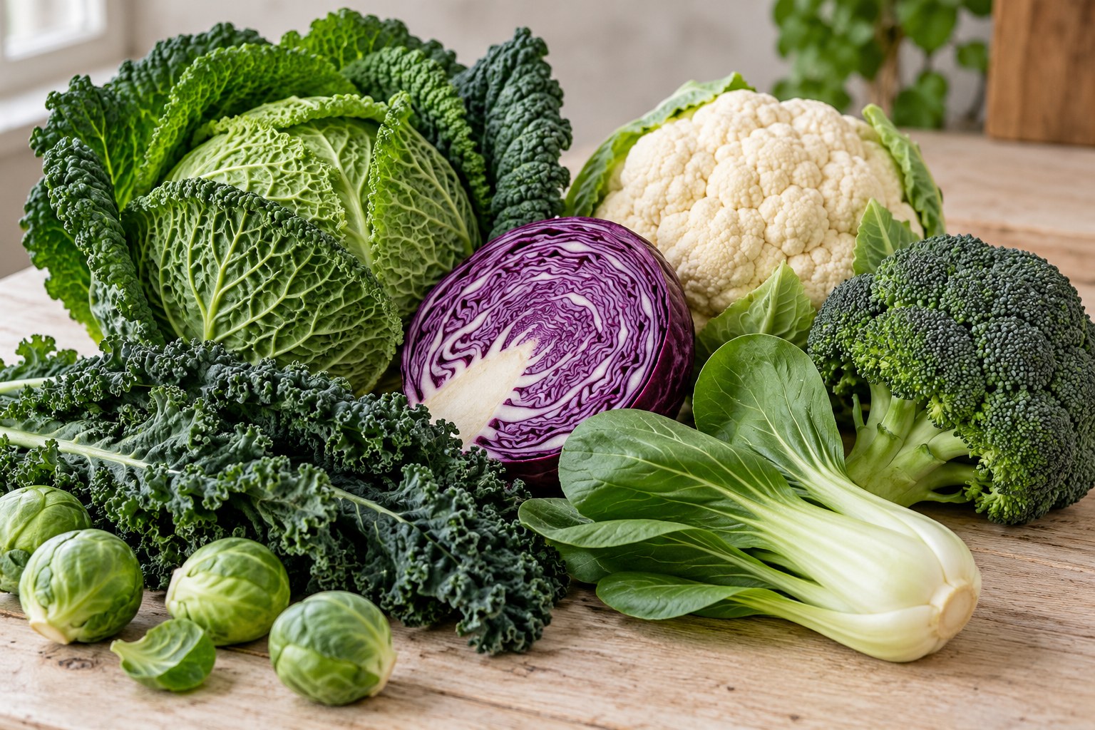 Assortiment de chou de Milan, chou rouge, chou-fleur, brocoli, kale, pak-choï et choux de Bruxelles ; illustration générée par IA.